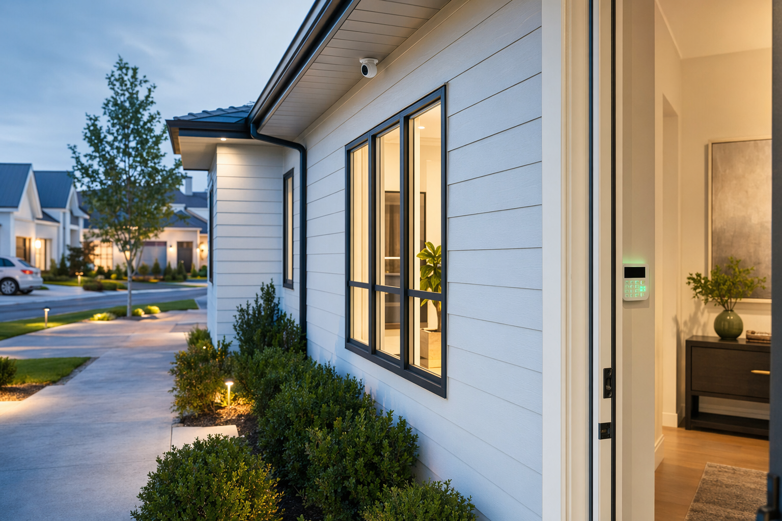 A protected home and storefront with a security camera, an alarm keypad, and a calm, watched perimeter